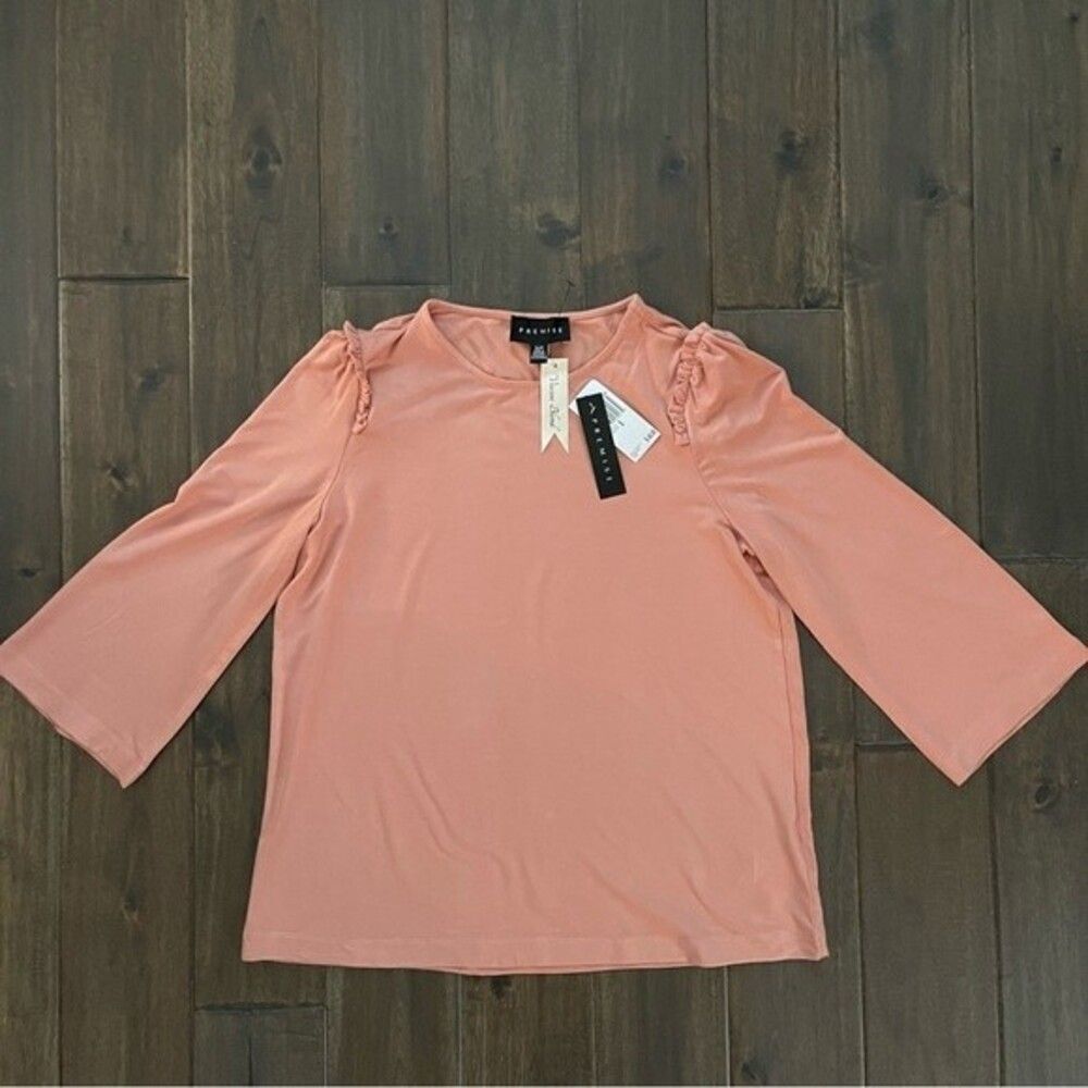 Premise Peach 3/4 Bell Sleeve Ruffle Shoulder Top S NWT